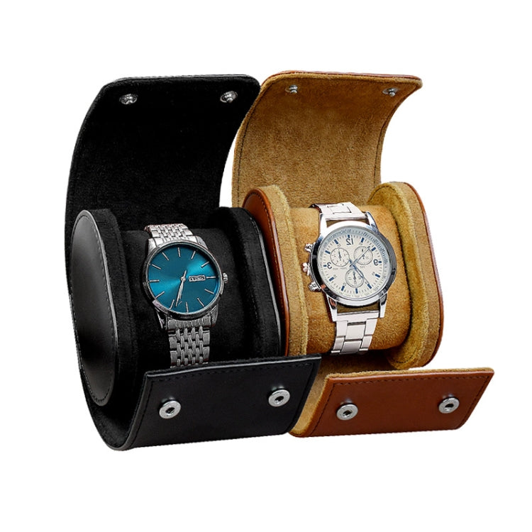 PU leather 1-slot watch box set: black and brown styles with hinged display pads.