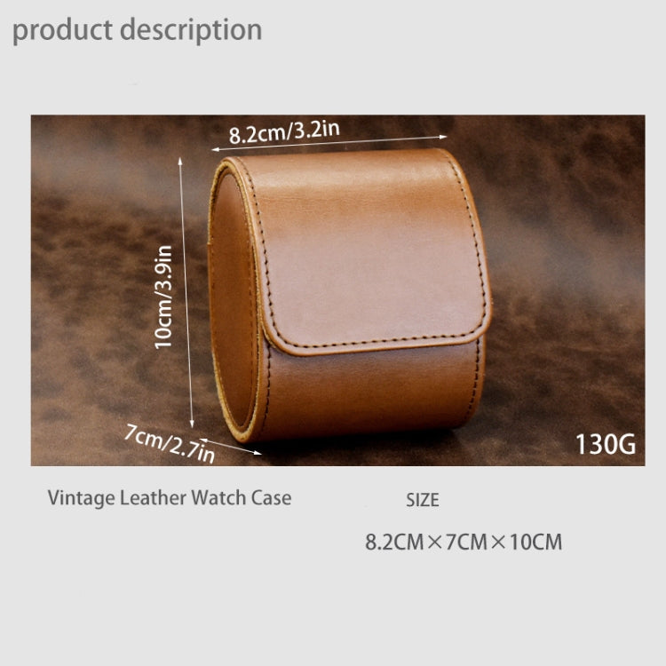 Brown PU leather watch case, 1 slot, with snap flap and size markings on packaging.
