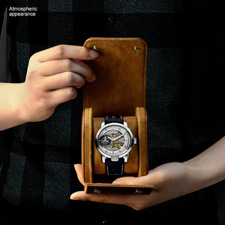 PU leather brown 1-slot watch display box with snap closure, shown held open.