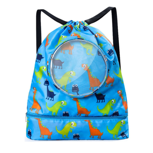 Children's waterproof drawstring beach bag, blue dinos print, front clear mesh pocket and straps