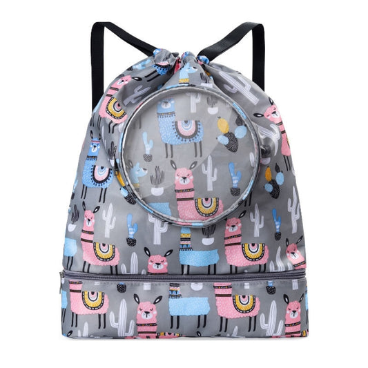Children's waterproof drawstring beach bag, gray llama print, front clear round pocket