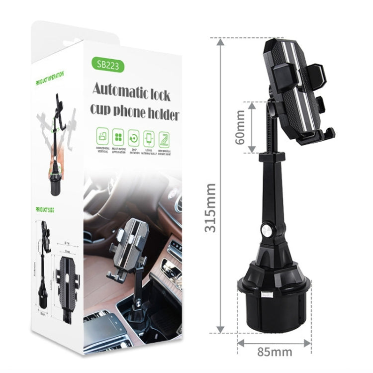 Car cup holder phone mount shown with size overview and extendable arm