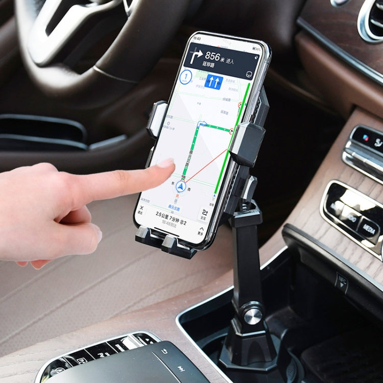 Car navigation phone mount mounted in cup holder, holding smartphone upright
