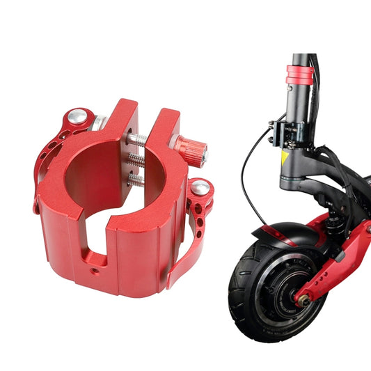 Red folding clamp bracket for electric scooter with metal bolts and mounting holes