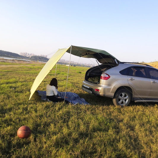 Car-side rainproof canopy tent with yellow fabric and dark green panels, on poles