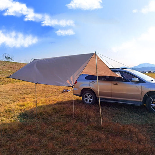 Car-side rainproof canopy tent with gray-brown fabric and orange trim, on poles