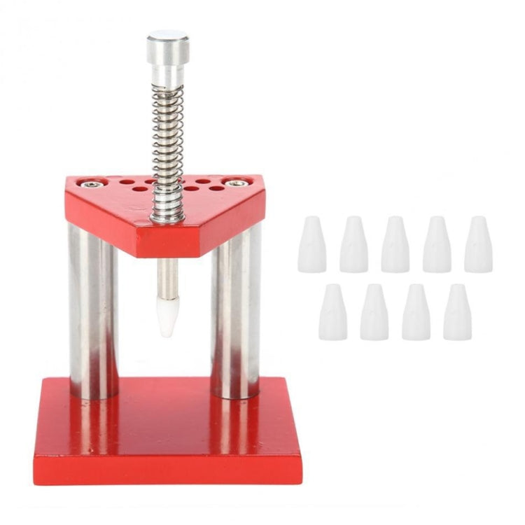 Watch hand plunger puller tool with red clamp plate, two metal posts, white plastic dies