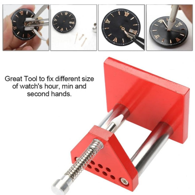 Watch hand plunger puller tool with red base, spring needle plunger and metal posts