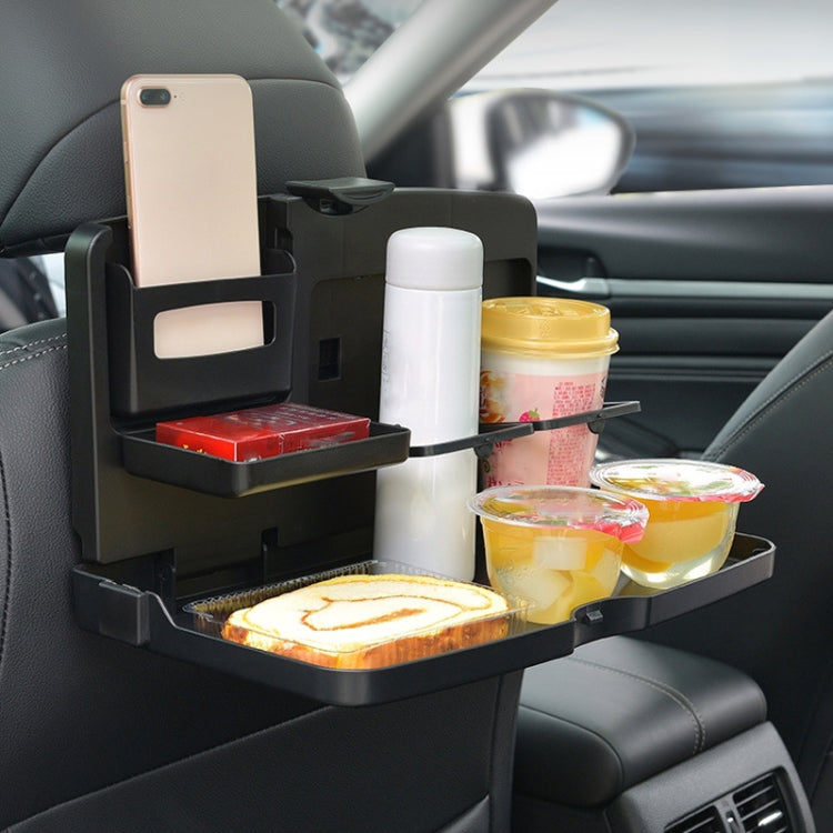 Black car dining tray organizer with side compartments for phone, drinks, and snacks