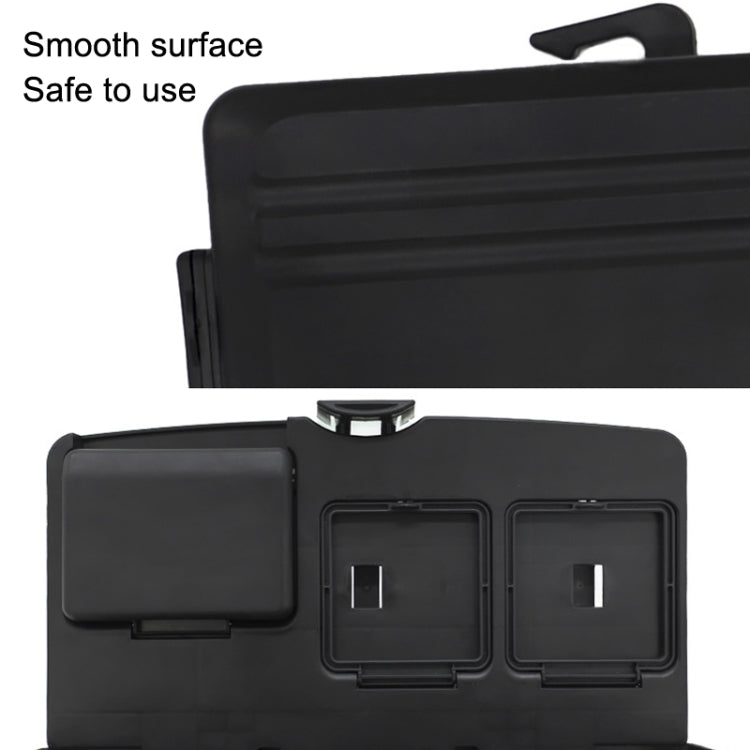 Black folding car dining tray with smooth surface and multiple storage inserts