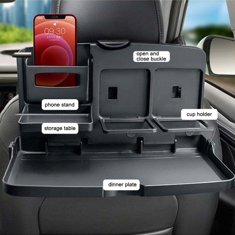 Black car dining tray with phone stand, cup holders, and dinner plate slot