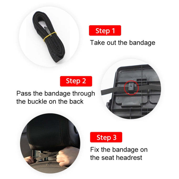 Seat headrest strap and buckle for securing a black car dining tray