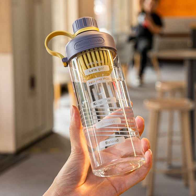 Clear plastic tea cup with purple lid and yellow carry handle