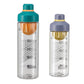 Two clear plastic tea cups with teal and purple lids, orange and yellow handles