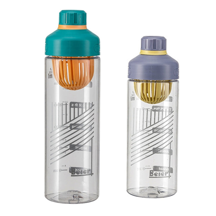 Two clear plastic tea cups with teal and purple lids, orange and yellow handles