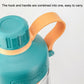 Teal plastic tea cup with orange integrated handle for easy carrying