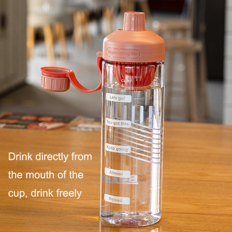 Orange-lidded transparent portable tea cup with flip spout and measurement markings