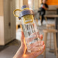 Handheld clear plastic tea cup with purple lid and yellow carry handle