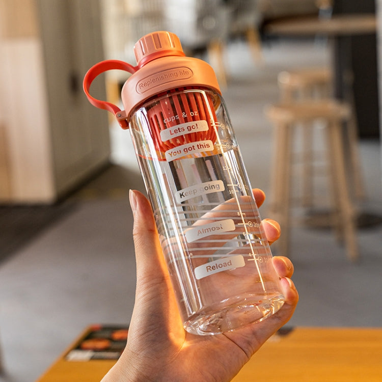 Handheld clear plastic tea cup with orange lid and red handle