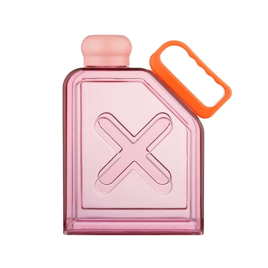 Square plastic water cup with handle, pink translucent body and orange carry handle