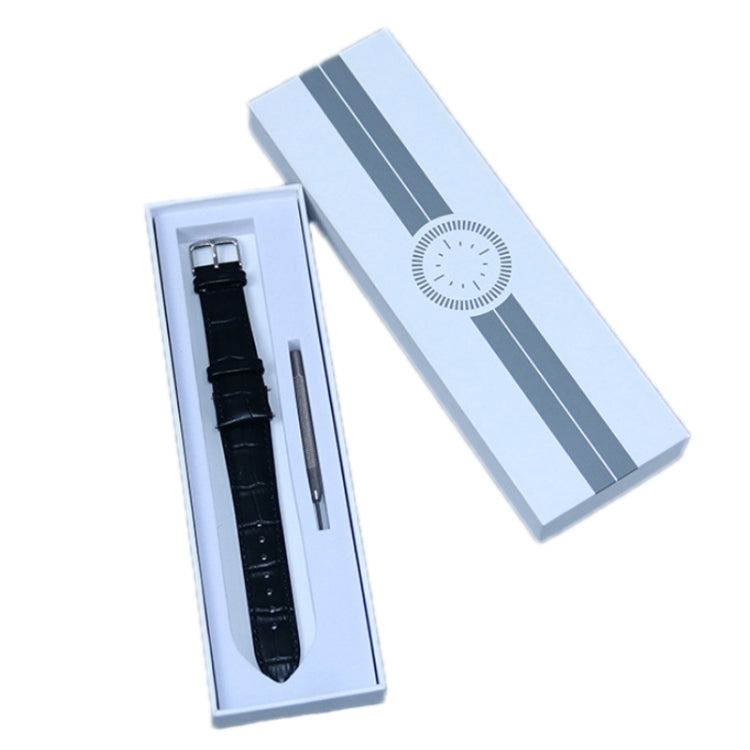 Light blue watch gift box with black watch strap in molded inner tray and striped lid