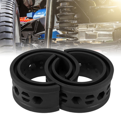 Pair of black rubber car spring buffer rings with vented cutouts and inner step