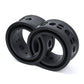 Black rubber spring buffer rings, two-piece set shown at an angle with side cutouts