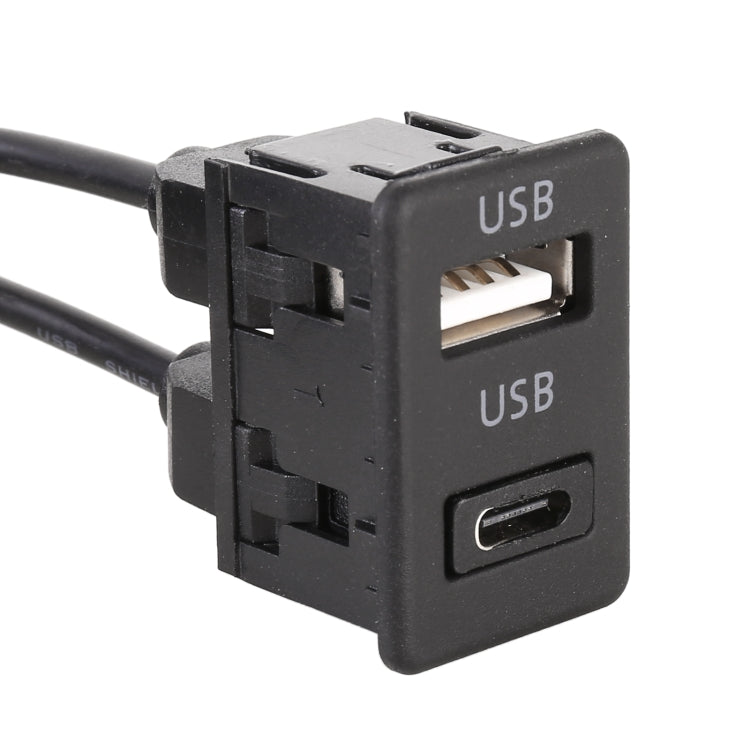 Car USB charging port module with USB sockets and connected cable