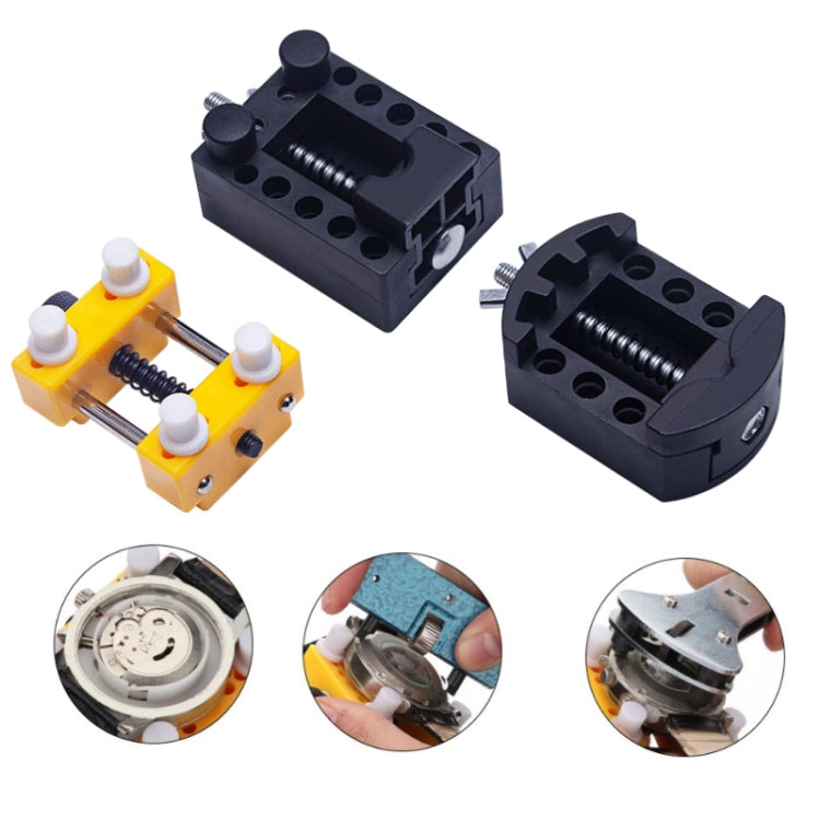 Watch repair clamp tool set: black and yellow bases with spring
