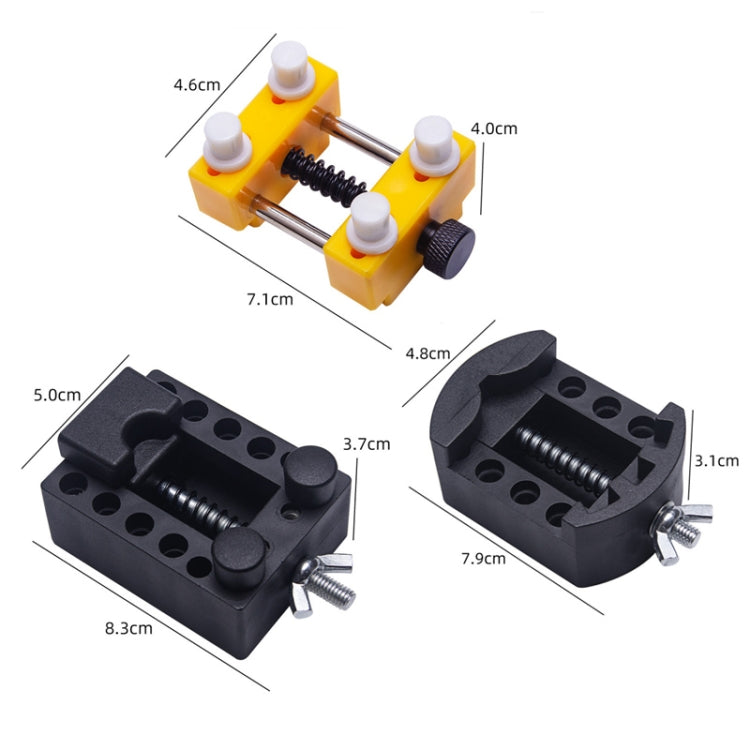 Black watch repair tool clamp with spring, mounting screws, and size markings