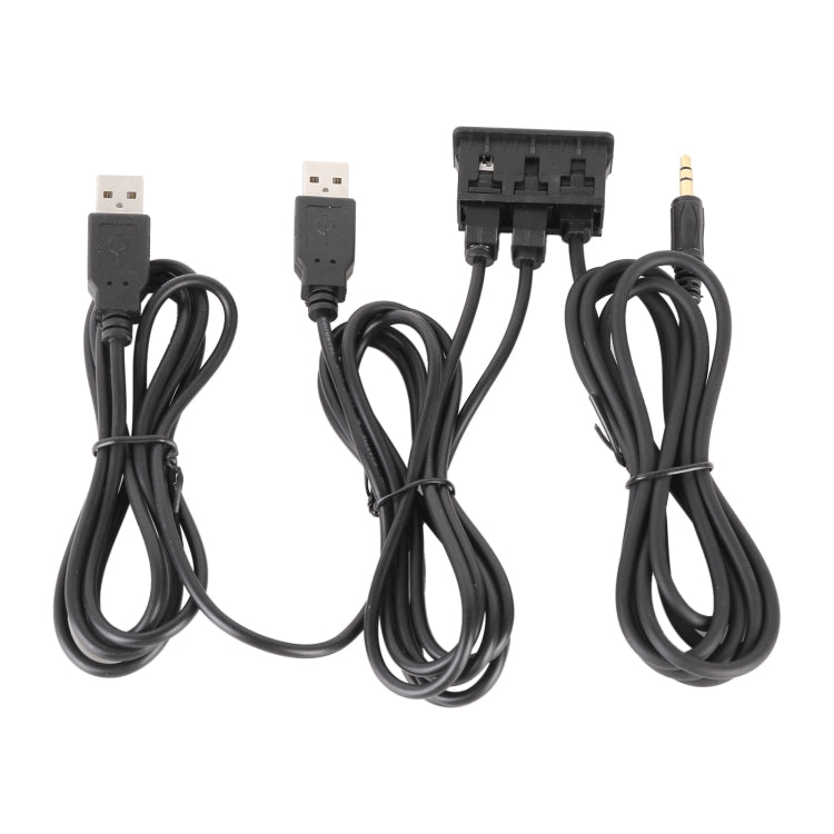 Car USB and AUX interface harness with dual USB plugs and mounting block