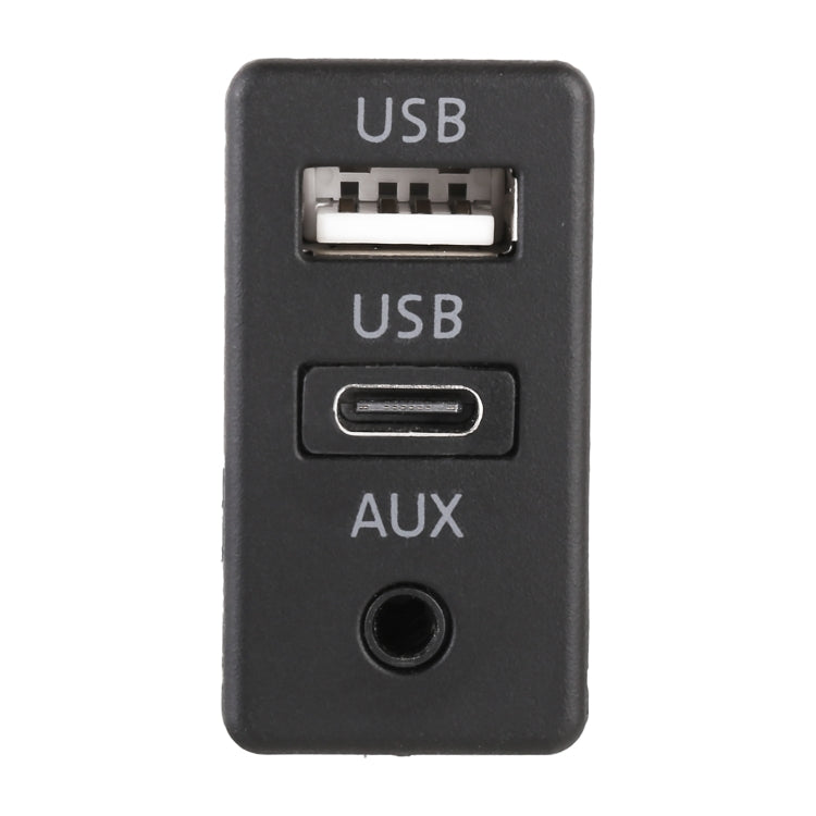 Black USB and AUX charging interface module with USB and 3.5mm AUX ports