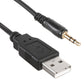 USB-A to 3.5mm AUX audio cable with black housing and gold tip