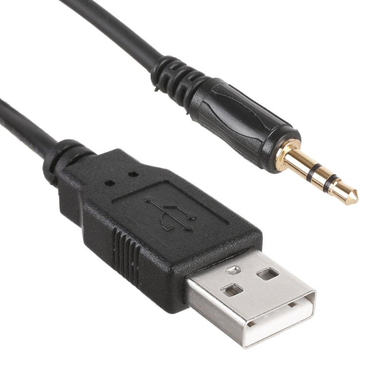 USB-A to 3.5mm AUX audio cable with black housing and gold tip