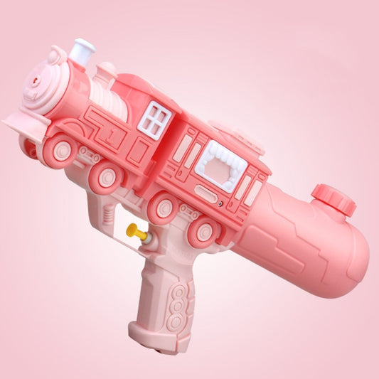 Pink train-style water pumping toy with engine details and front wheels
