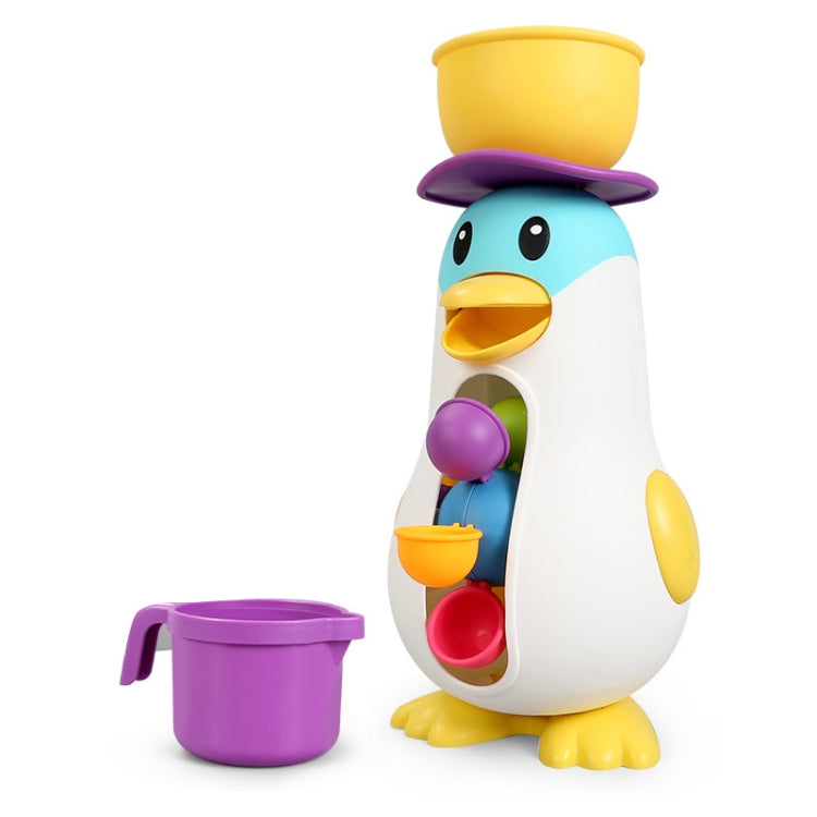 Baby penguin bath water toy with purple scoop bucket and multi-hole water wheel