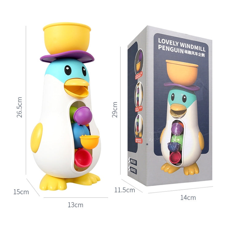 Baby penguin bath water toy with yellow top and purple buckets, shown with product box