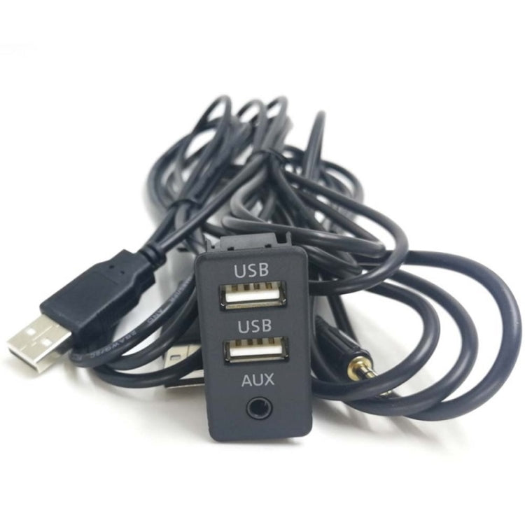 Car charging adapter with dual USB ports and AUX, black wired cable set