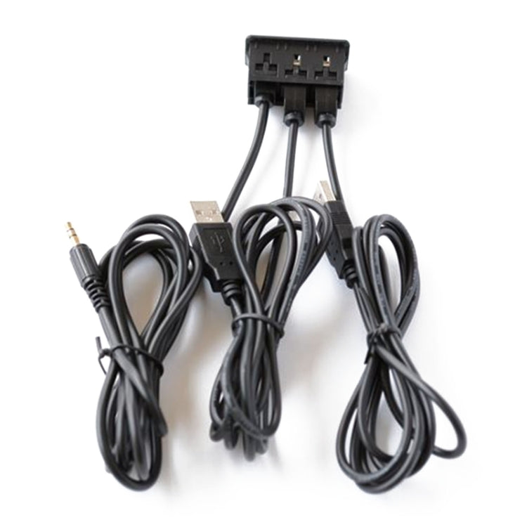 Car wiring harness with AUX plug and connector leads for USB/AUX charging