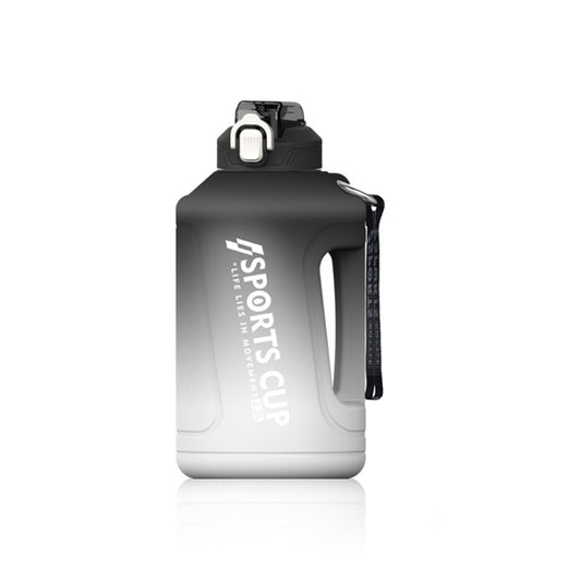 Black gradient straw cup sports bottle with flip lid, carry handle, scale markings