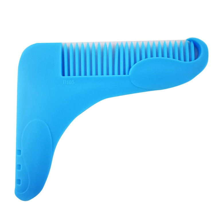 Blue L-shaped beard template comb with straight long teeth.