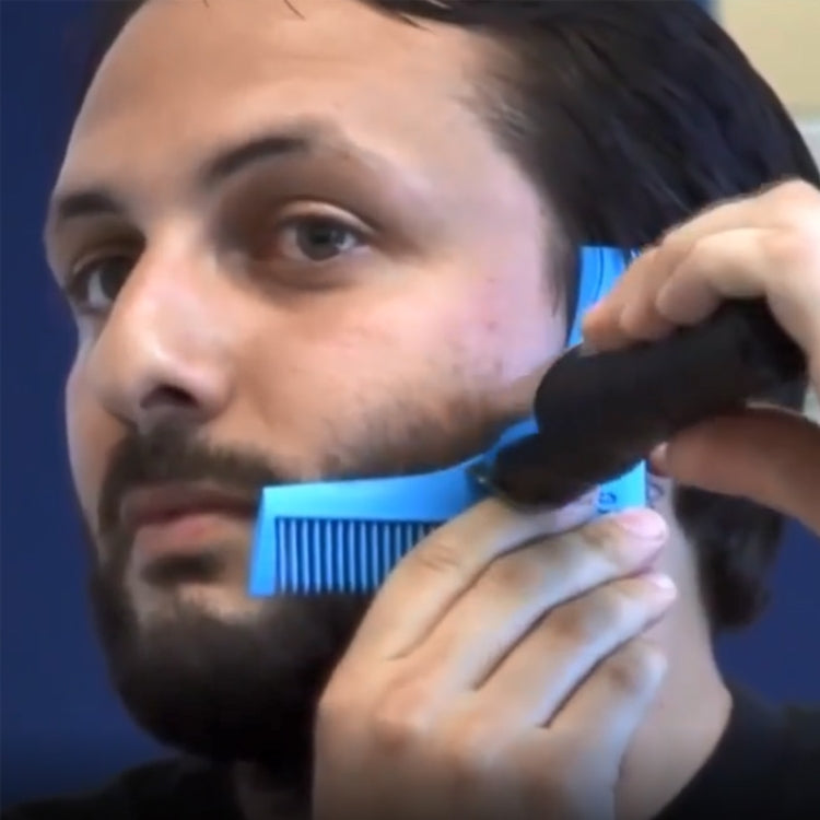 Blue beard template comb used to shape and trim a beard.