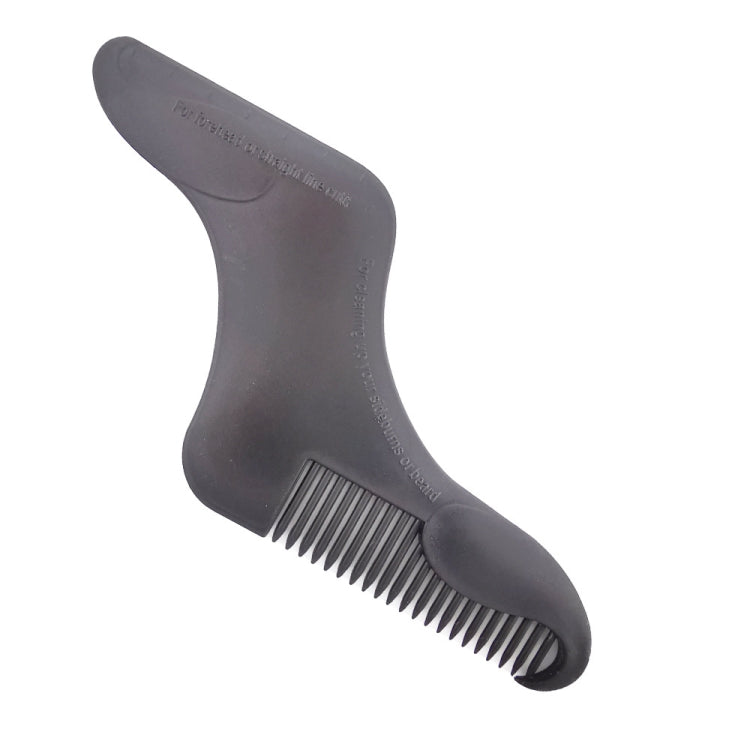Dark gray beard shaping comb with fine teeth and curved handle.