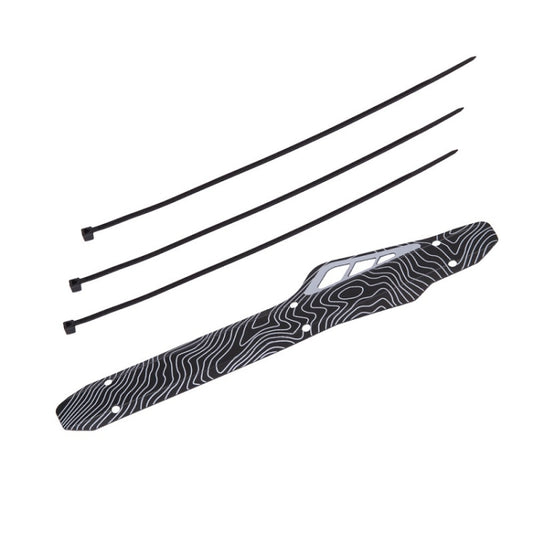 Black plastic bike chain guard with black mounting strips, 2-piece set.