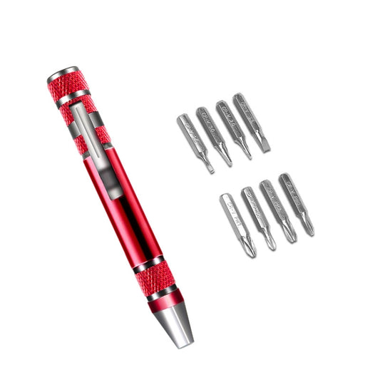 Red aluminum alloy 8-in-1 screwdriver pen with eight metal bits
