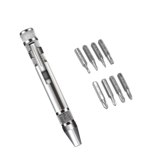 Silver aluminum alloy 8-in-1 screwdriver pen with metal bit set