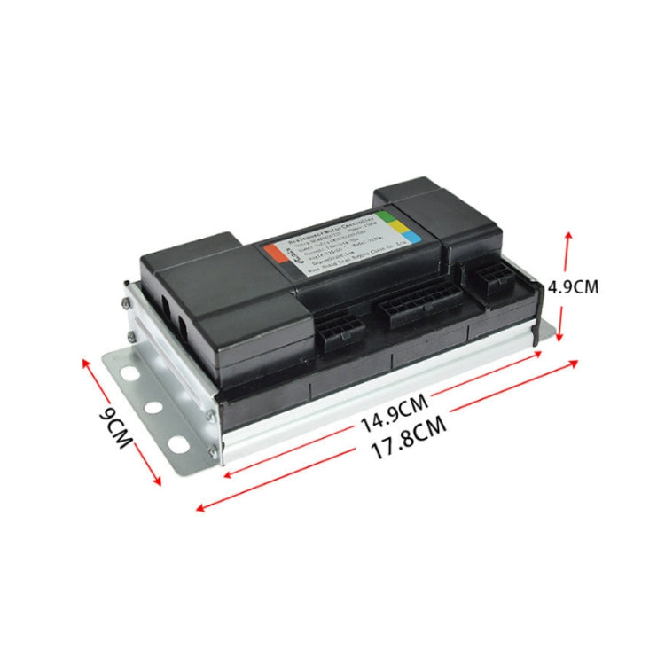 Black electric motor speed controller with mounting plate and dimension markings