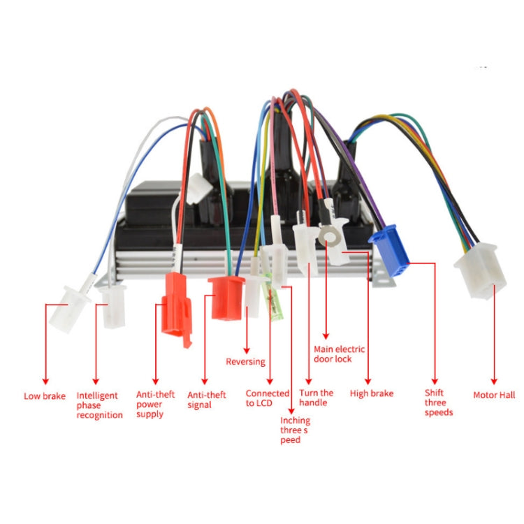 Motor speed controller wiring diagram with labeled connector plugs and colored leads