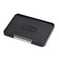Black non-slip storage tray with embossed logo and textured dot pattern