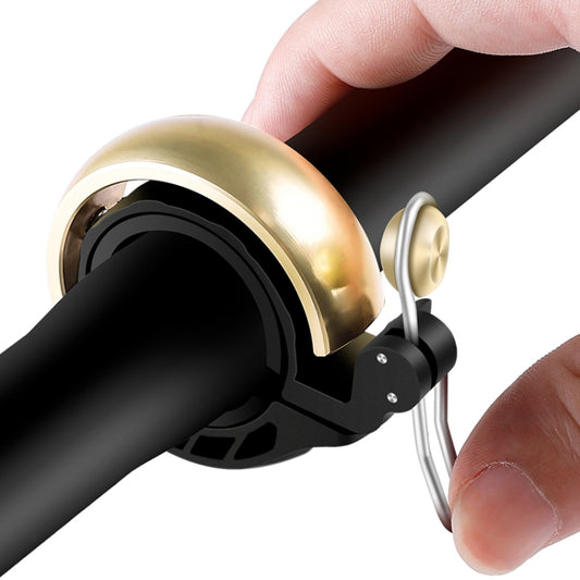 Bicycle retro bell with golden copper dome and black clamp, hand-ready lever